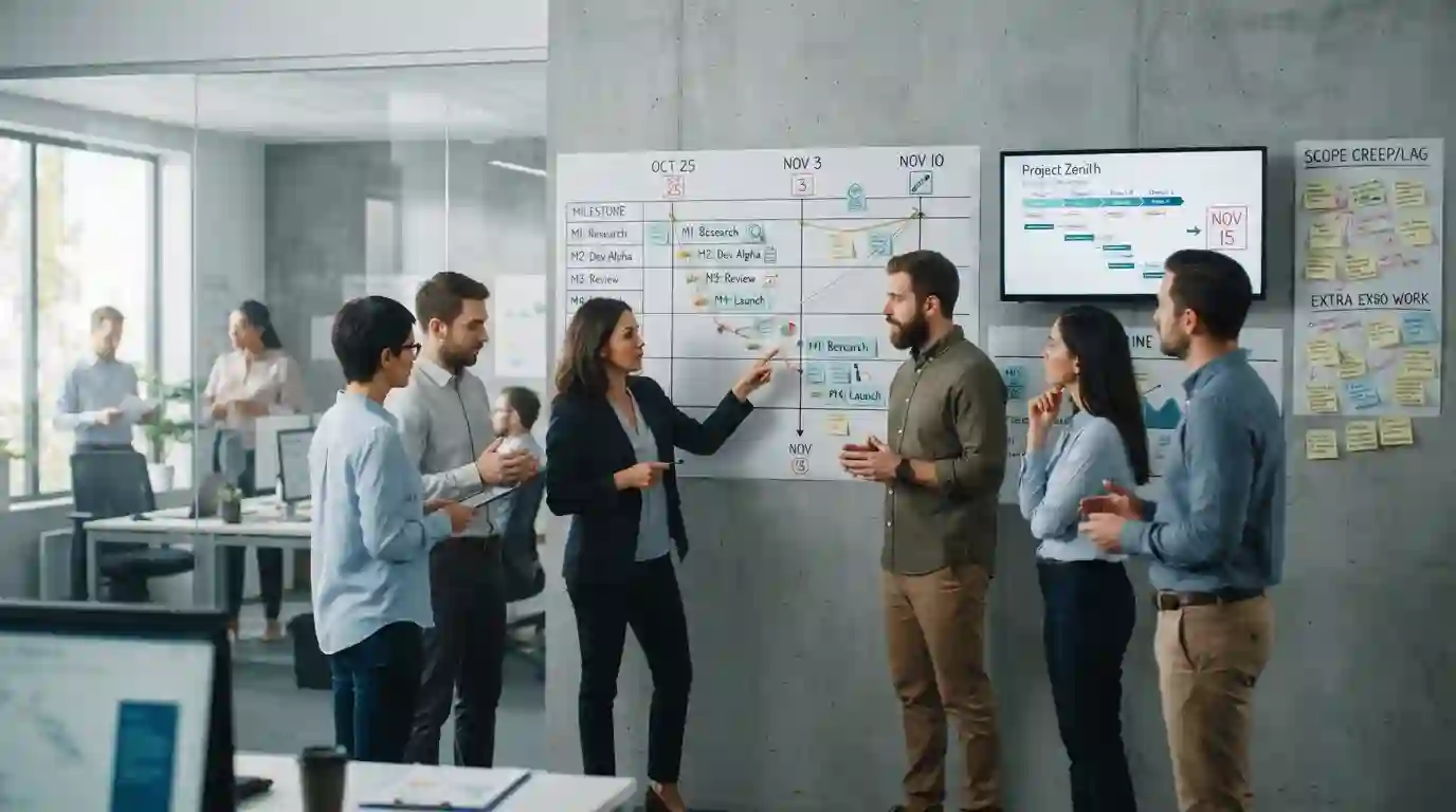 High-output team managing project deadlines and a structured timeline in a modern office