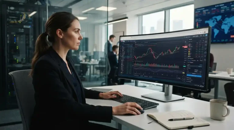 Professional trader using a browser-based trading dashboard with market data and financial charts