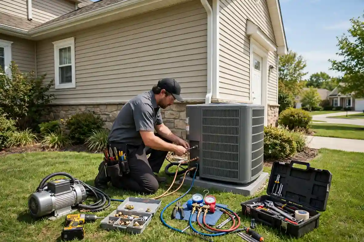 HVAC technician installing a new air conditioning unit outside an American home