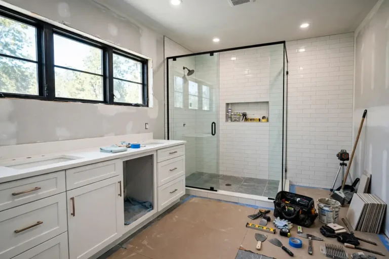 Modern remodeled bathroom in the USA with new vanity and walk-in shower