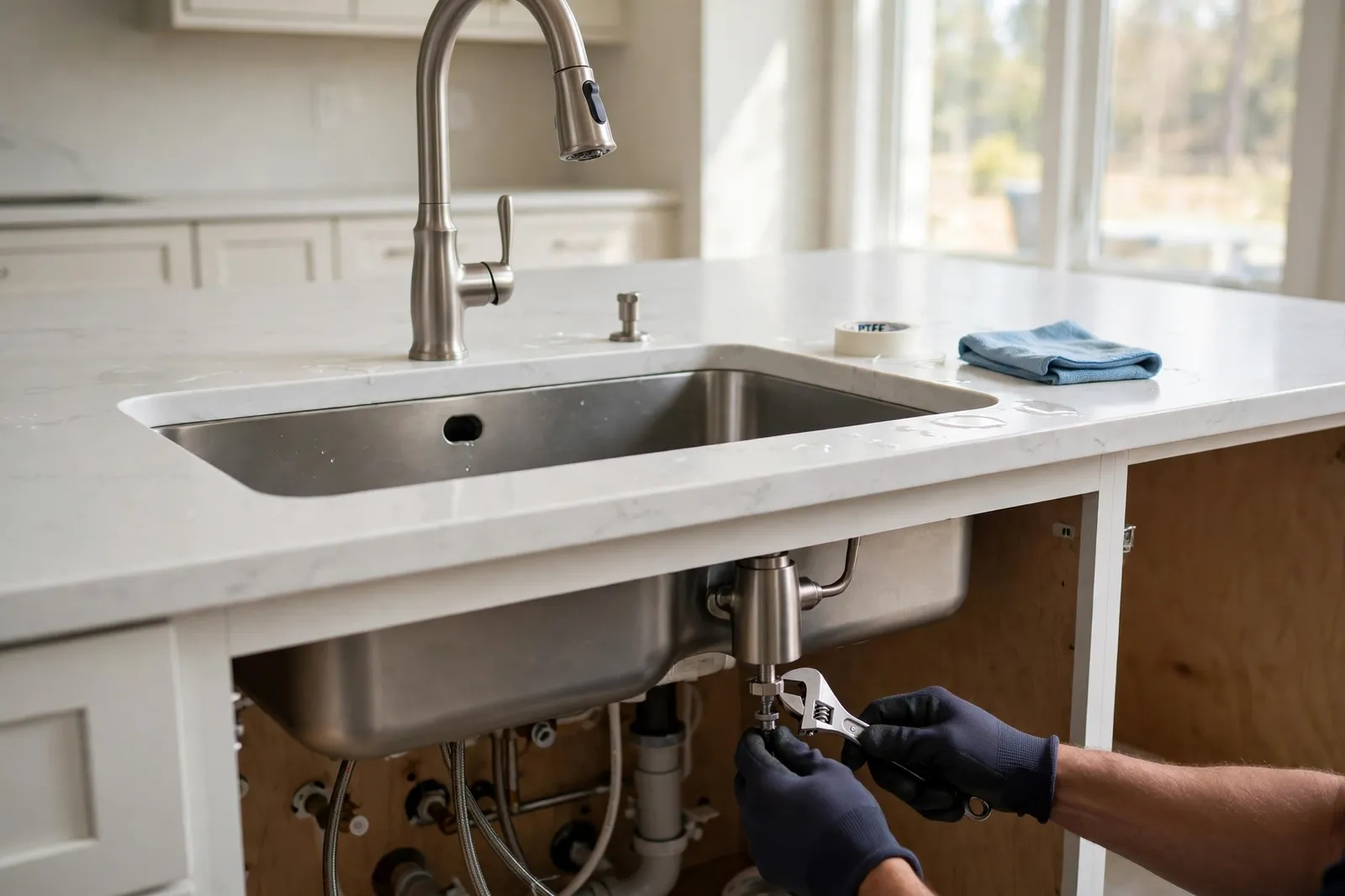 Plumber installing a new kitchen faucet in an American home