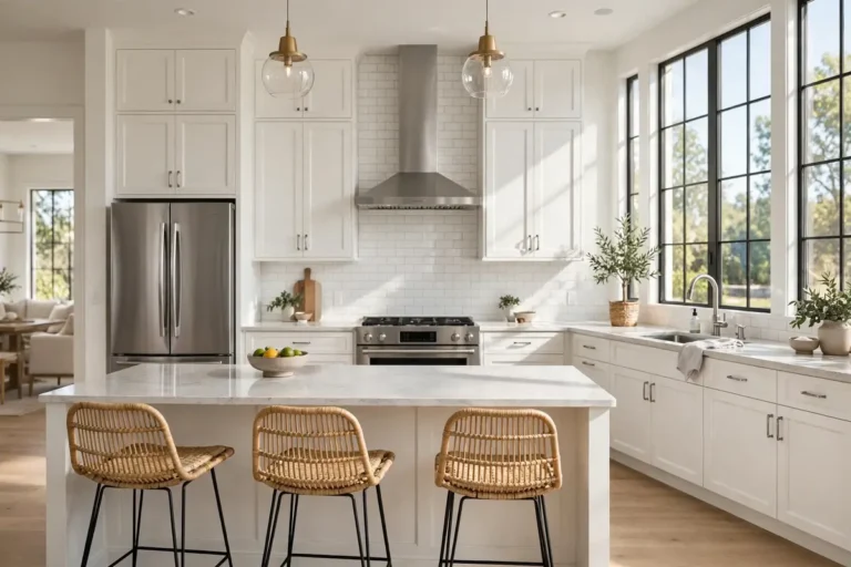 Newly remodeled American kitchen with white cabinets and island