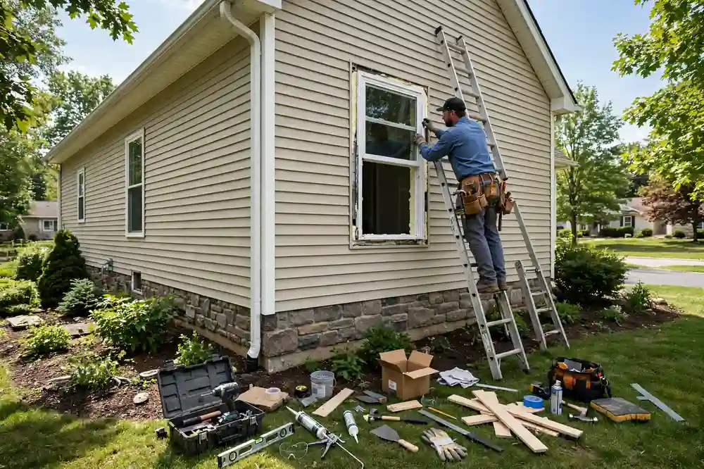 Worker installing a new vinyl window in an American home