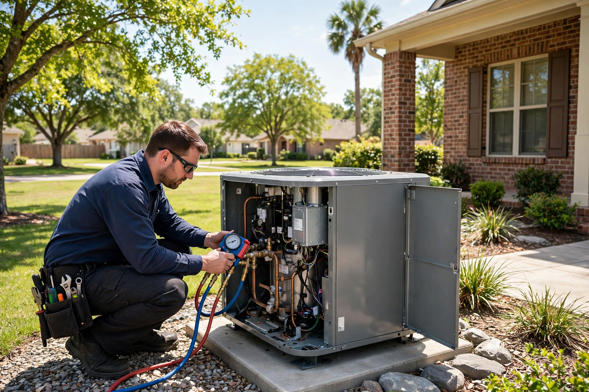HVAC technician servicing a residential air conditioner condenser unit in Houston Texas