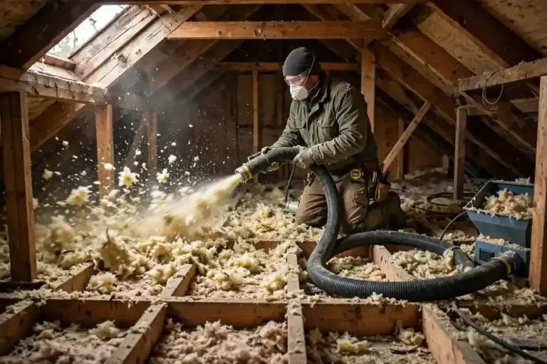 Contractor installing blown-in attic insulation in a USA home attic