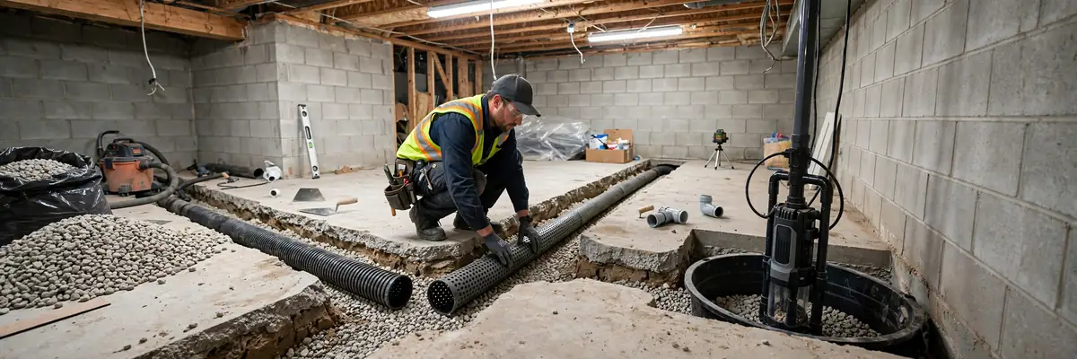 Basement waterproofing cost: technician installing interior French drain and sump pump