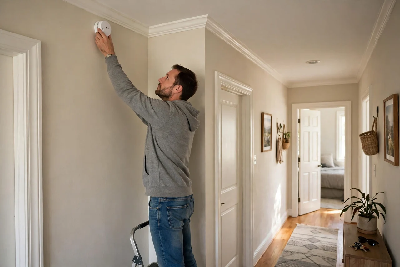 Homeowner mounting a carbon monoxide detector on a hallway wall in a USA home