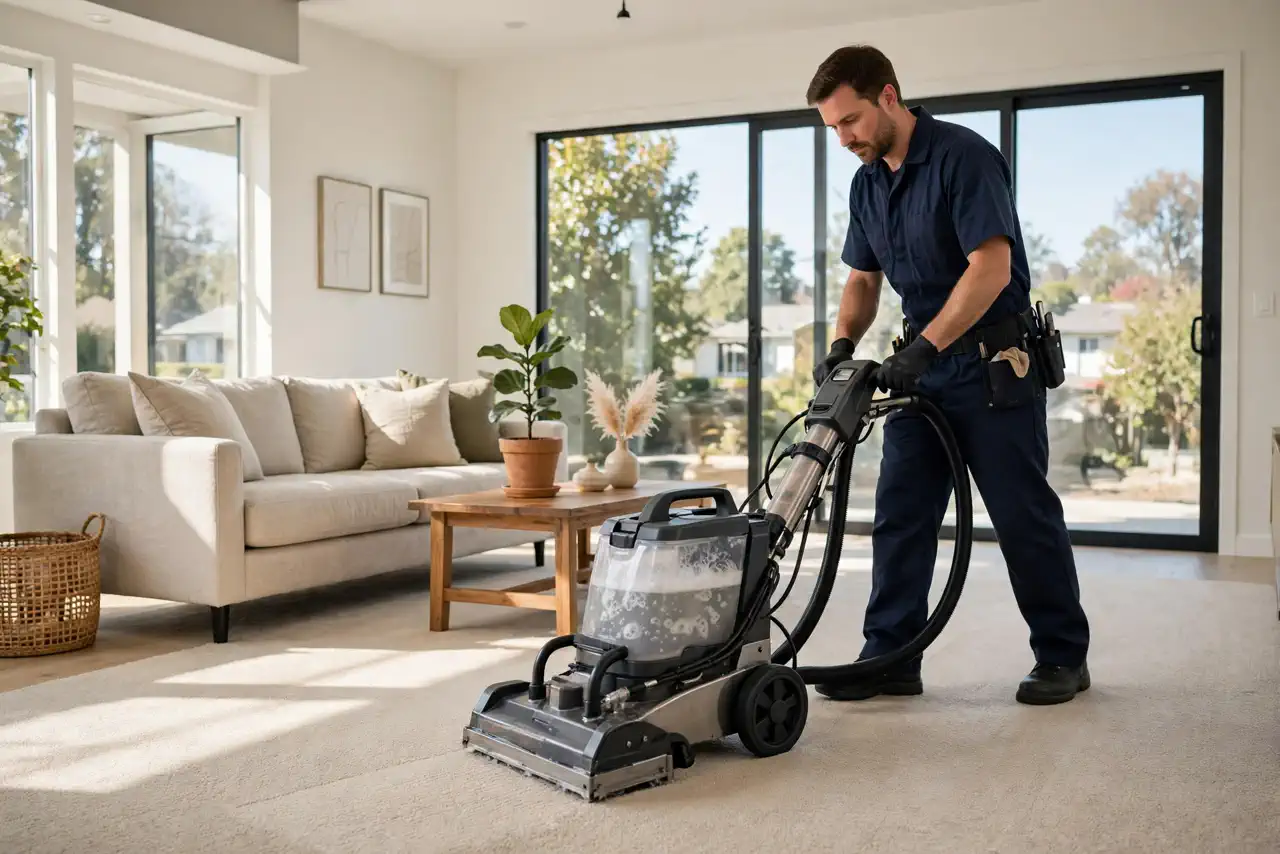 Carpet cleaning cost 2026 — professional cleaner deep-cleaning a living room carpet in a US home