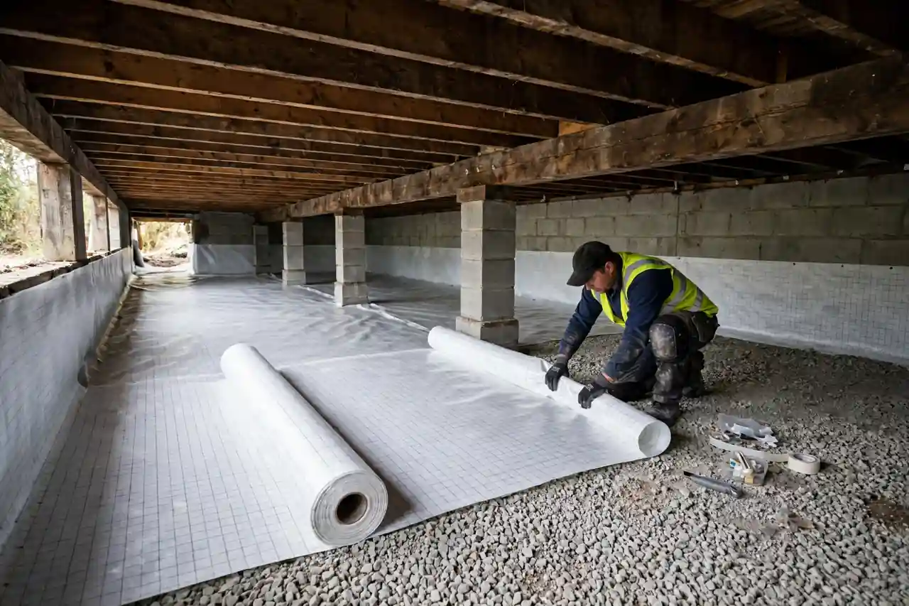 Crawl space encapsulation cost: worker installing a white vapor barrier liner under a house