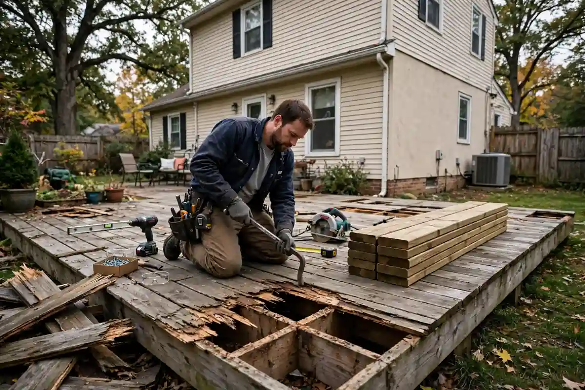 A contractor repairing a weathered wooden backyard deck on an American home, replacing deck boards with tools
