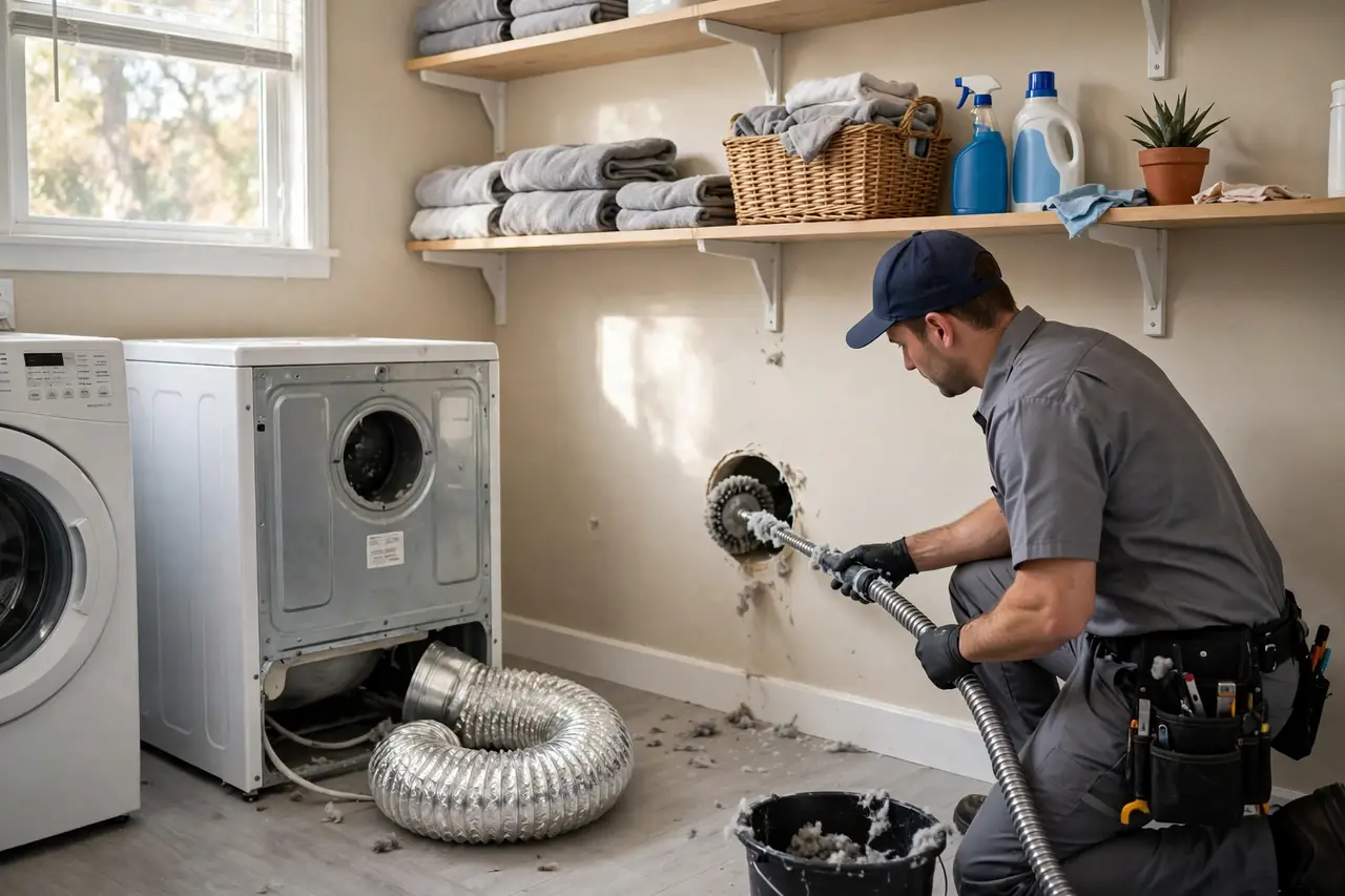 Technician cleaning a dryer vent hose with a rotary brush tool in a USA laundry room
