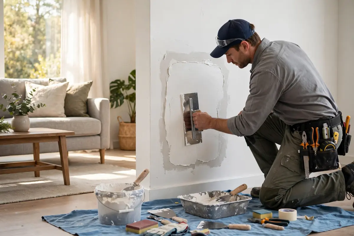 Drywall repair cost: contractor smoothing joint compound over a drywall patch