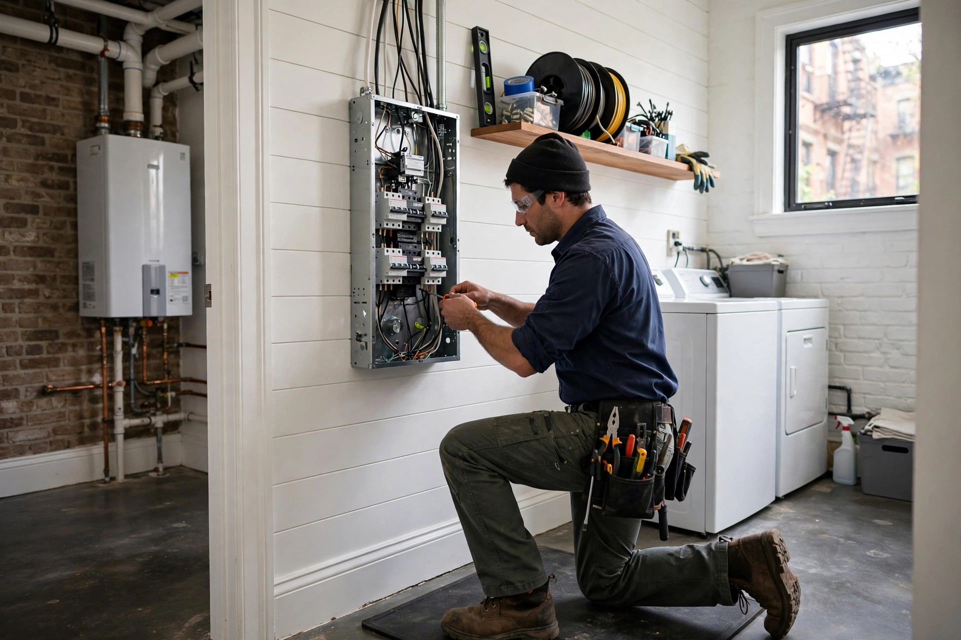 Licensed electrician installing a residential electrical breaker panel in a New York townhouse