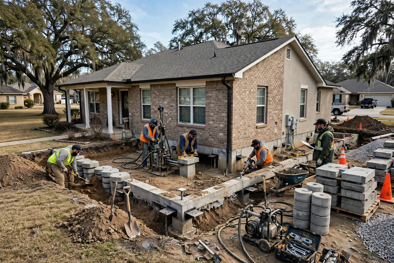 Foundation repair cost in Houston — crew installing piers around a Houston home