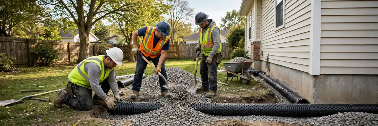French drain cost 2026 — workers installing a gravel drainage trench with perforated pipe beside a house foundation