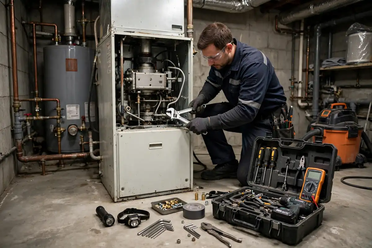 An HVAC technician repairing a home gas furnace in a basement utility room with tools and a toolbox
