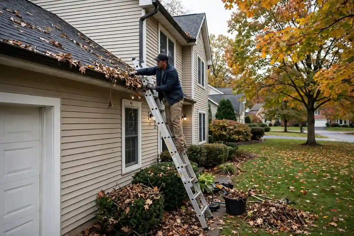 A professional worker on a ladder cleaning leaves and debris from the gutters of a suburban American home in autumn