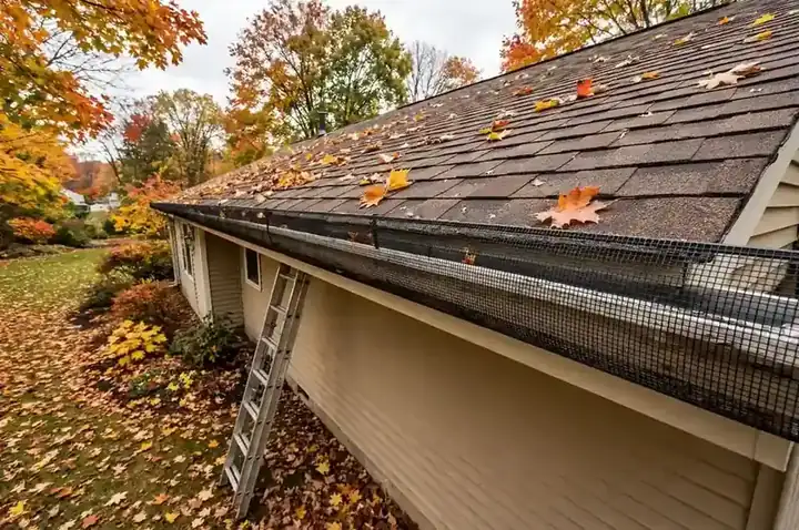 Gutter guards installed on a residential gutter with a ladder leaning against a USA home