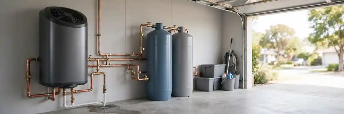 Heat pump water heater cost: modern heat pump water heater installed in a garage