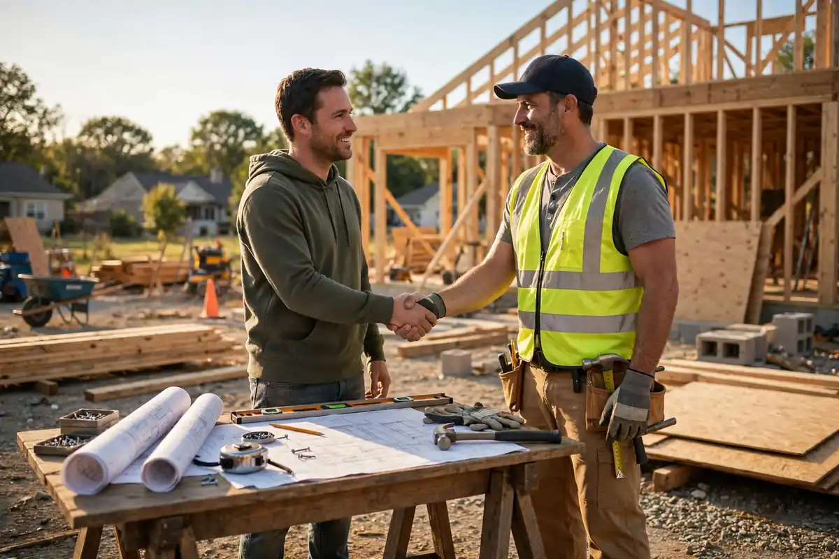 How to hire a general contractor: homeowner shaking hands with a contractor at a job site