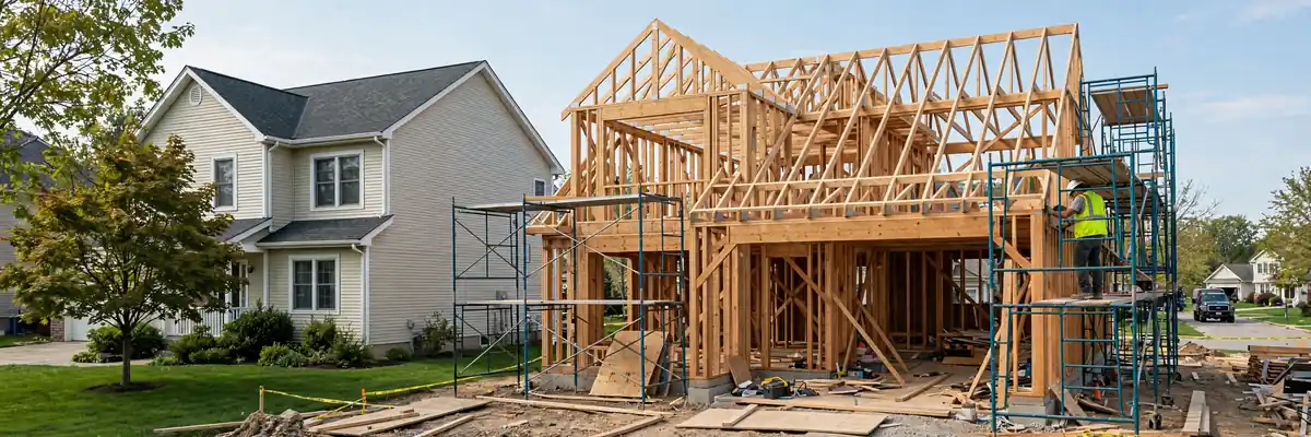 Home addition cost: new house addition under construction with wooden framing