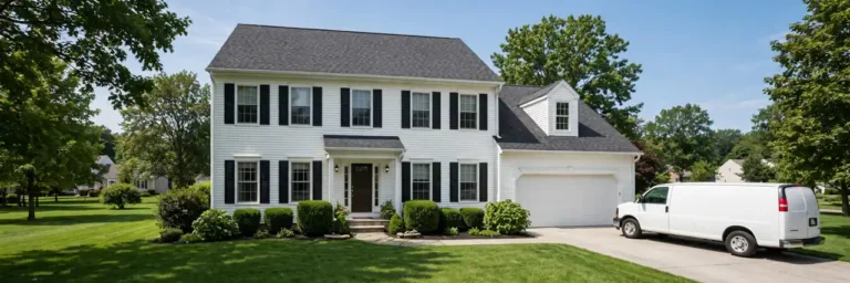 Home warranty cost 2026 — suburban American home with a service van in the driveway