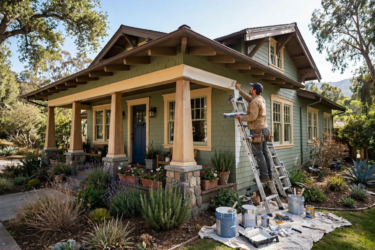 House painting cost in Los Angeles — painter painting a craftsman home exterior