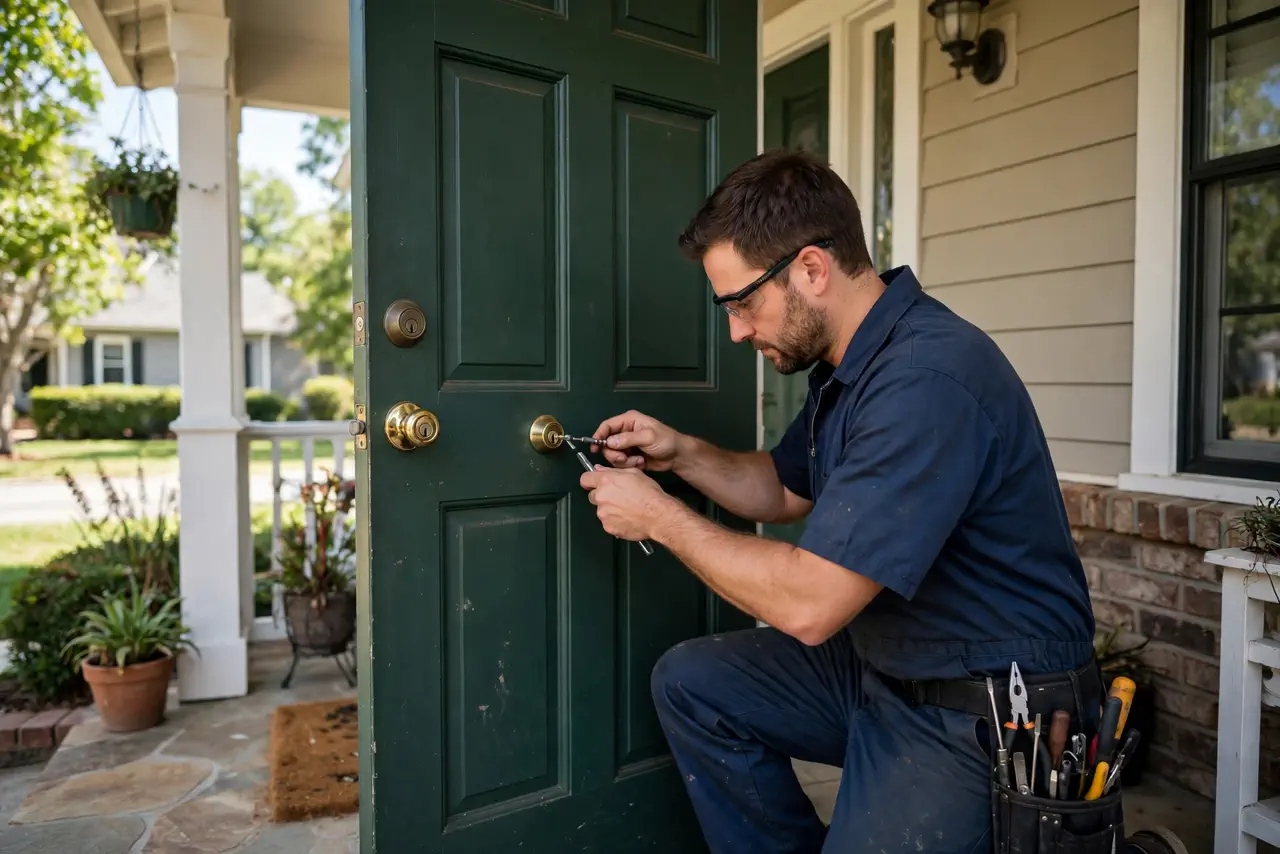 Locksmith cost in the USA — professional locksmith working on a residential front door lock in 2026