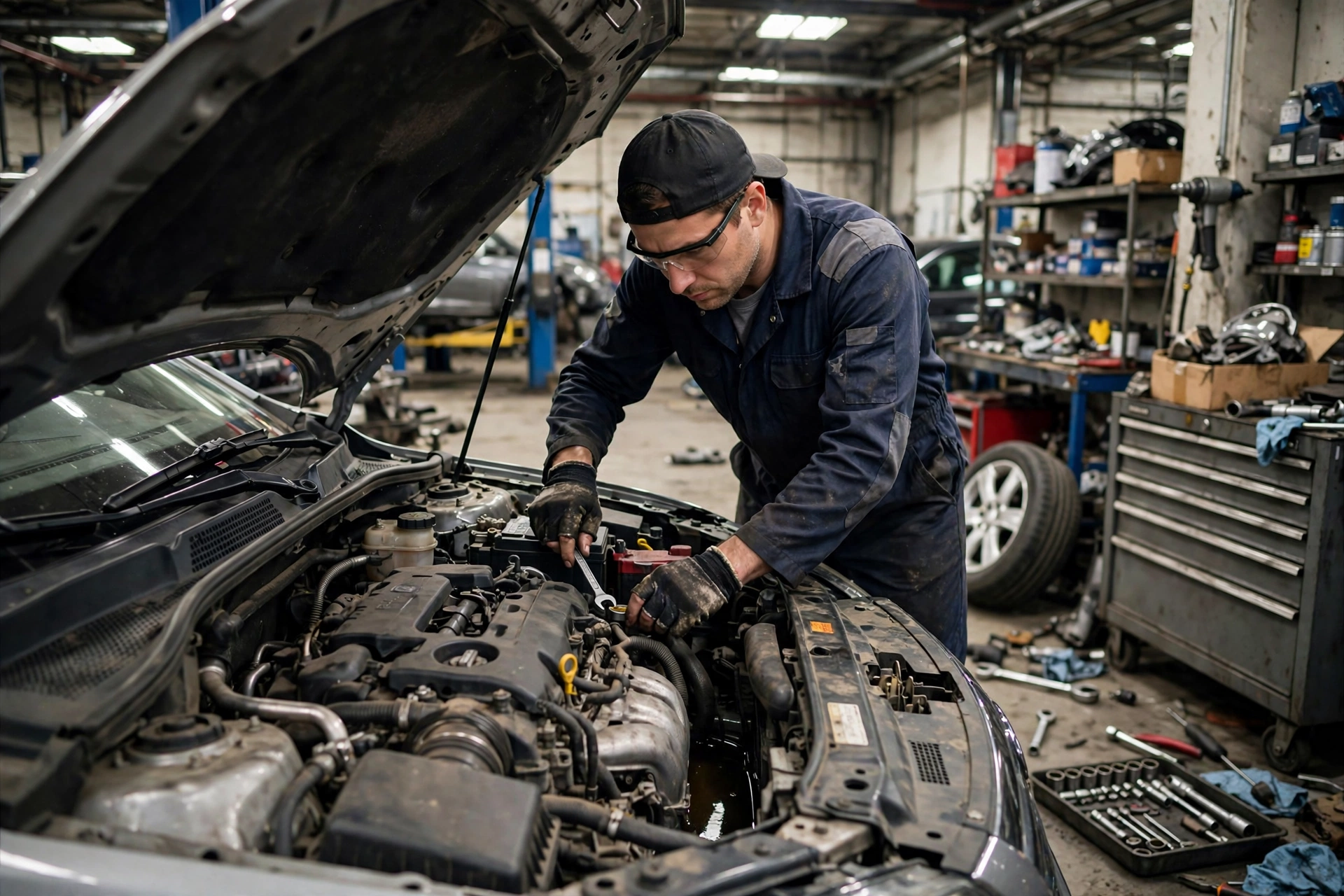 Car mechanic repairing engine in auto repair shop