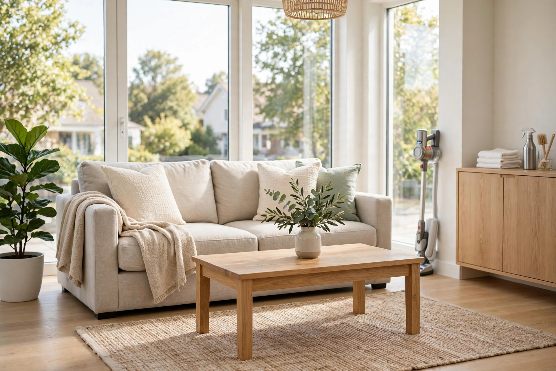 Professional cleaning service worker cleaning a bright living room