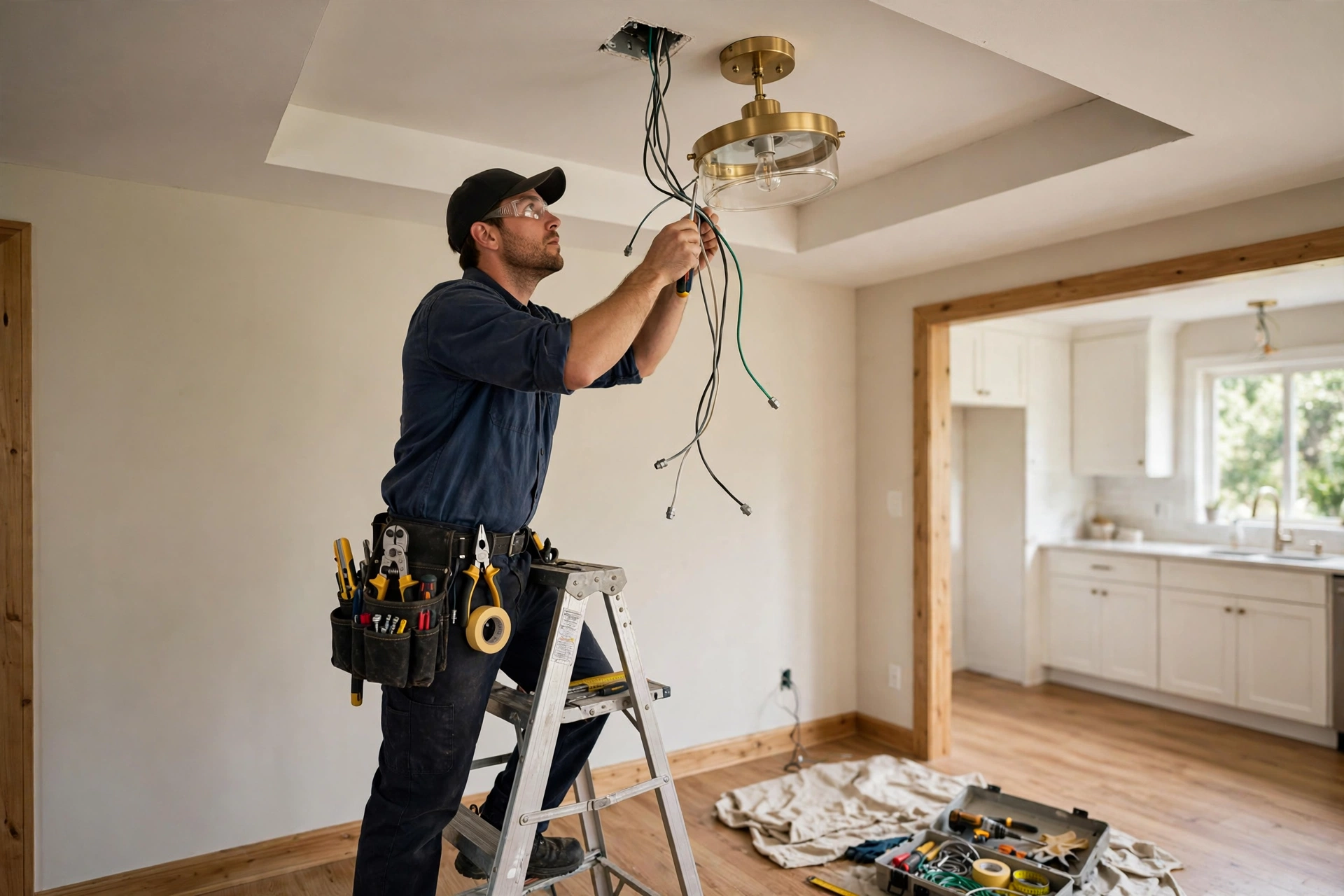 Electrician installing ceiling light fixture in a home
