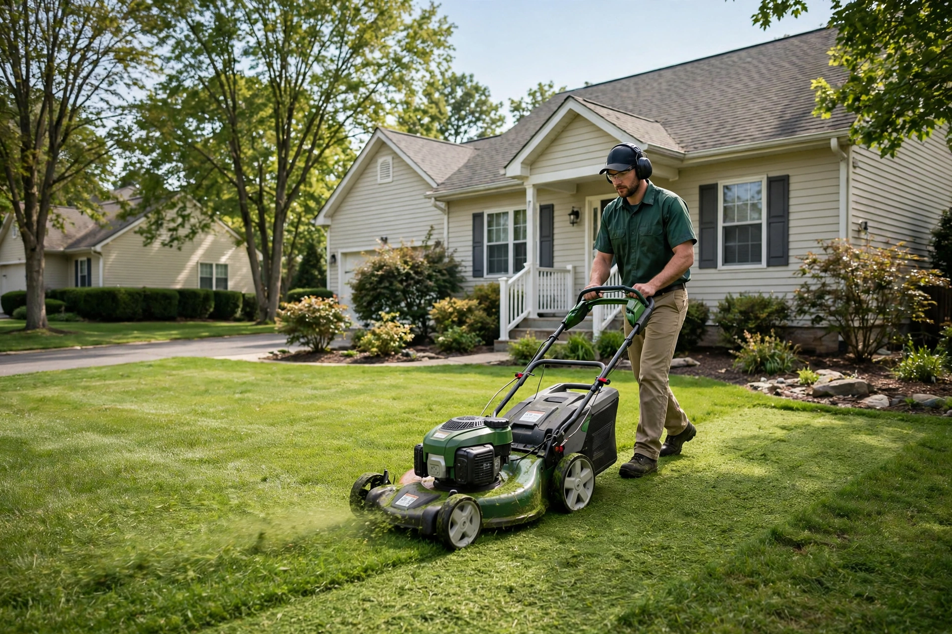 Landscaper mowing a lush green lawn