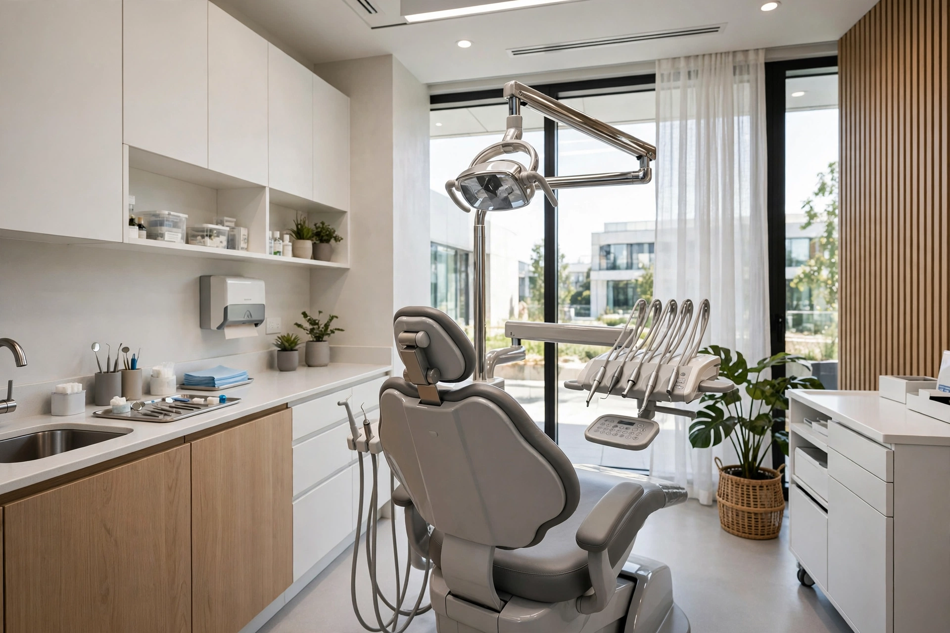 Modern dental office interior with clean exam chairs