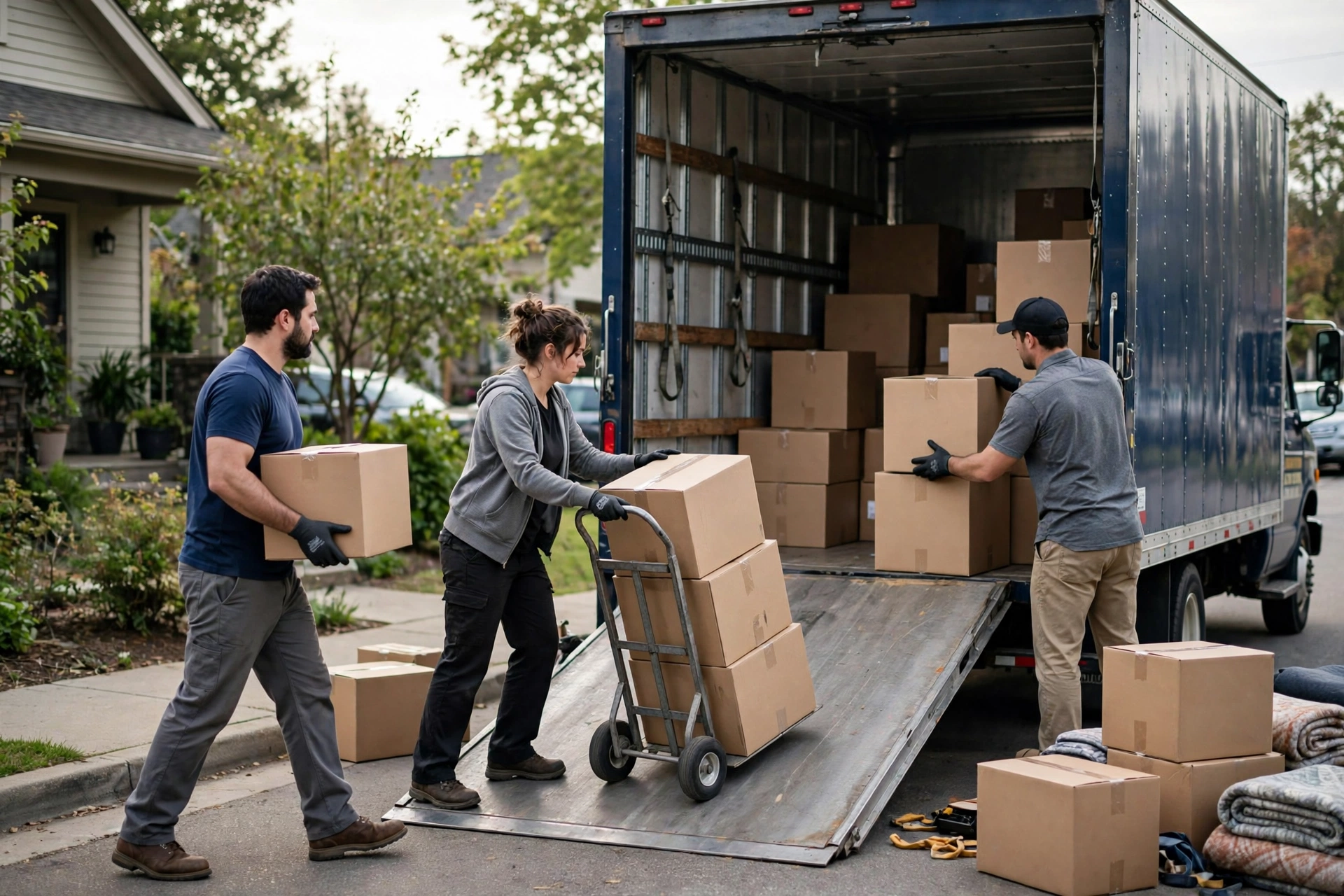 Professional movers loading boxes into a moving truck