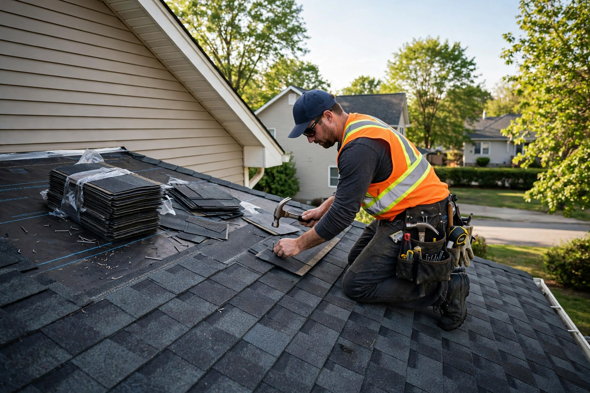 Roofer installing asphalt shingles on a house roof