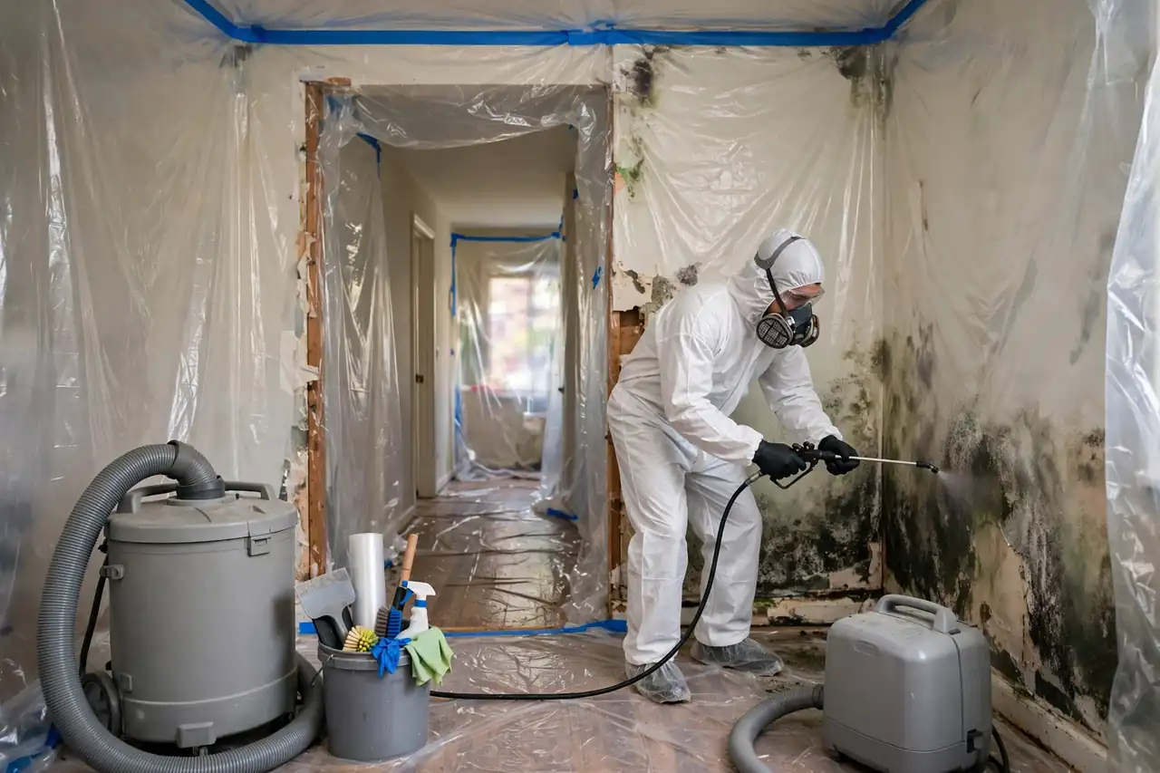 Mold remediation cost: technician in protective suit treating a moldy wall inside a containment area