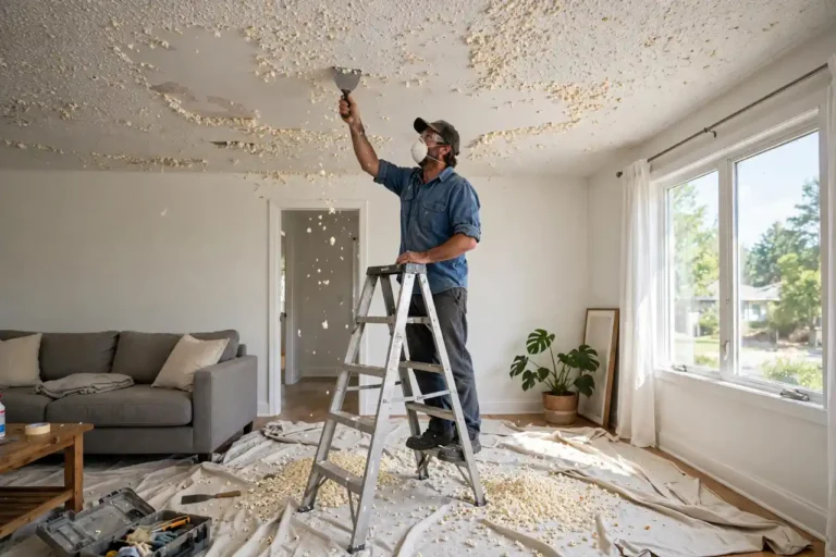 Popcorn ceiling removal cost 2026 — worker scraping popcorn texture from a living room ceiling