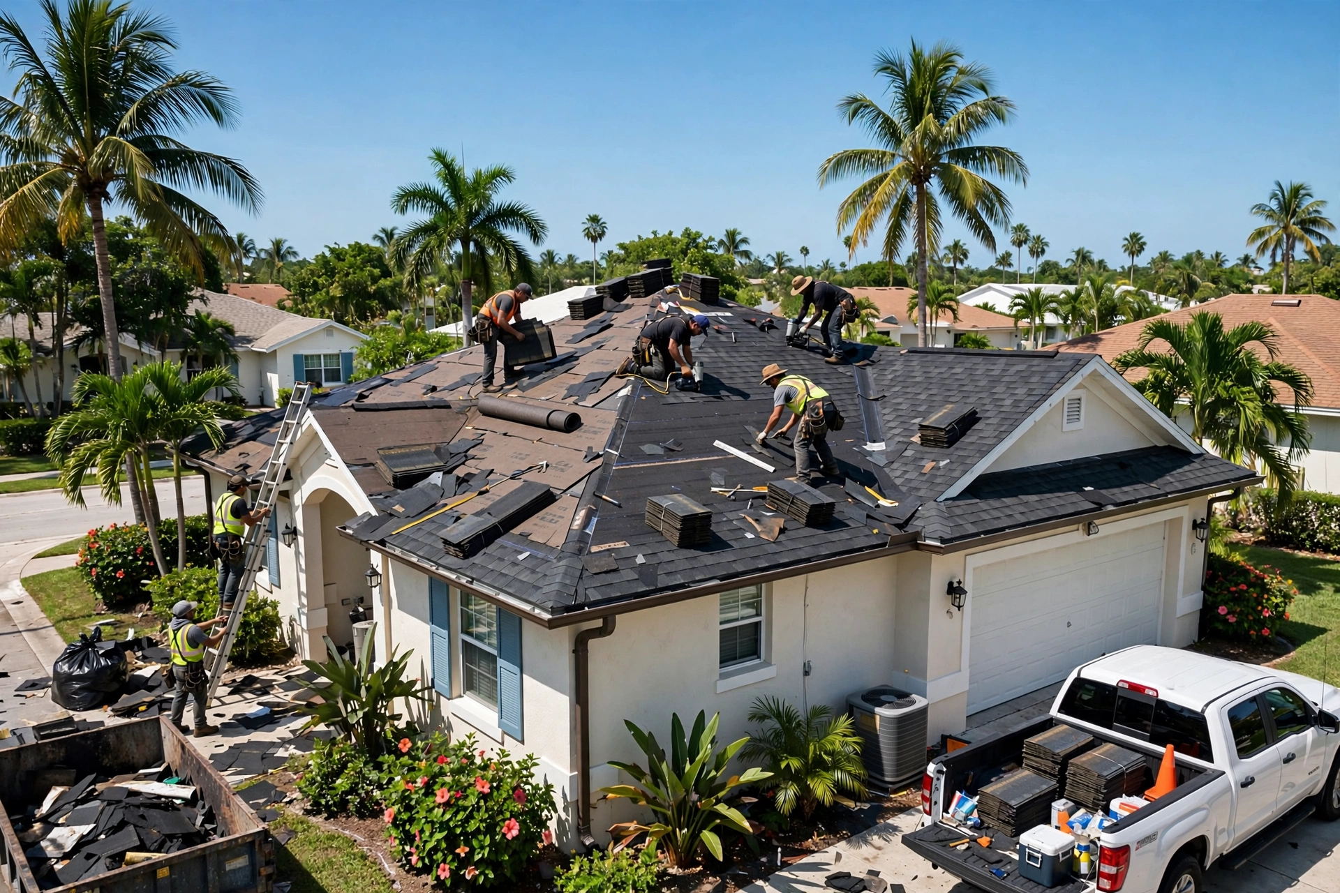 Roofing crew installing asphalt shingles on a suburban home in Miami Florida