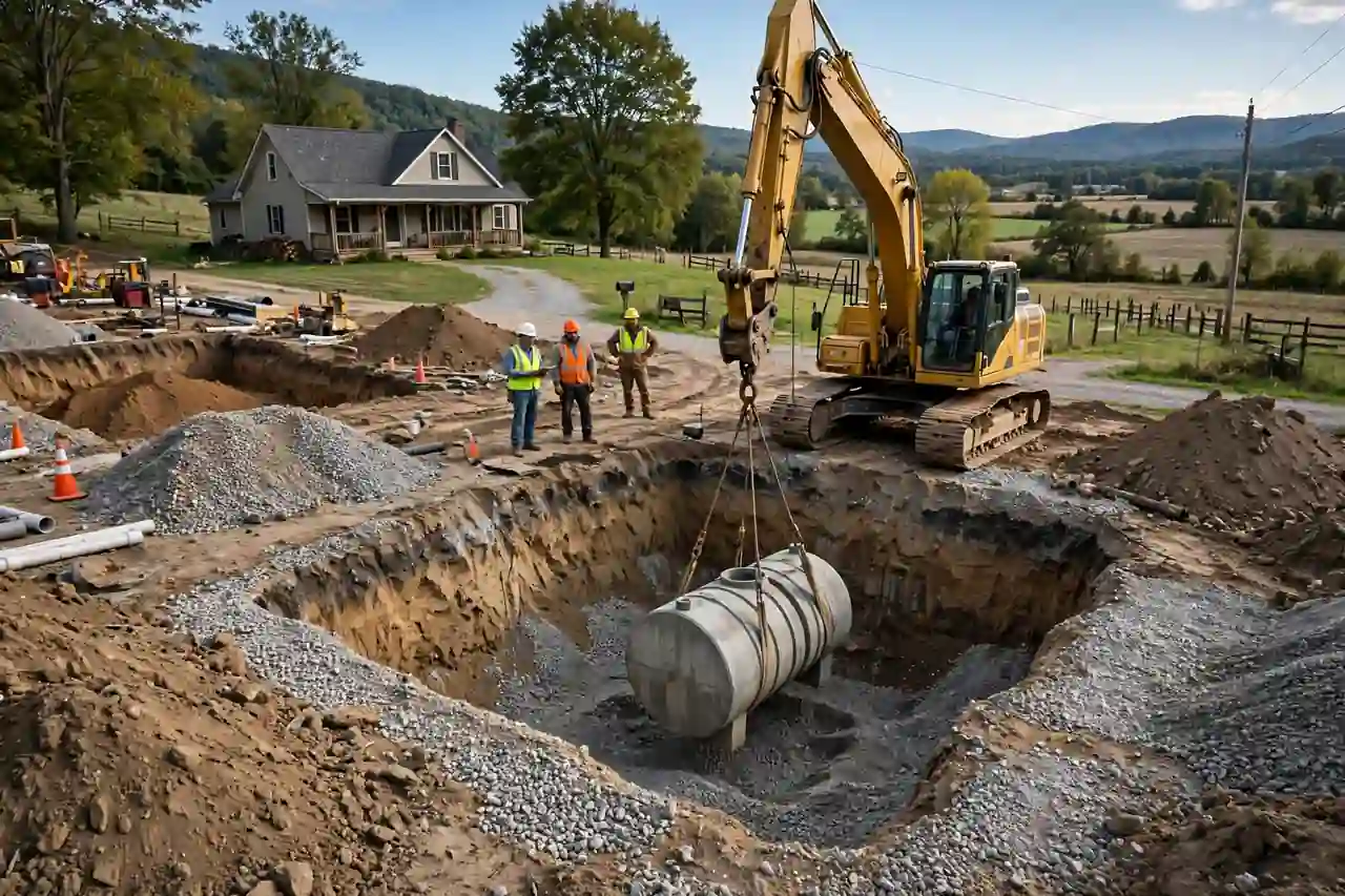 Septic system replacement cost: excavator lowering a concrete septic tank into a pit at a rural home