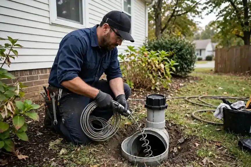 Plumber using a drain auger on a main sewer cleanout pipe outside a USA home