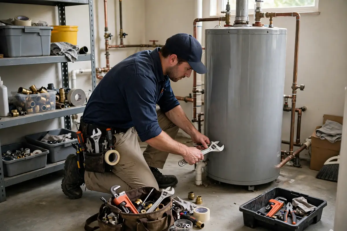 A plumber repairing a residential water heater in a home utility room with tools