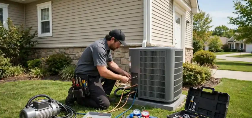 HVAC technician installing a new air conditioning unit outside an American home