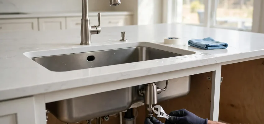 Plumber installing a new kitchen faucet in an American home