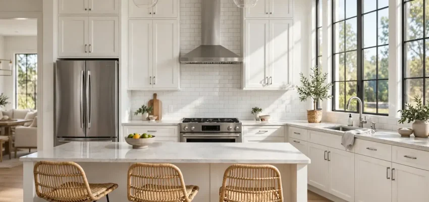 Newly remodeled American kitchen with white cabinets and island