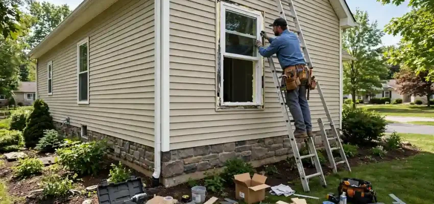Worker installing a new vinyl window in an American home