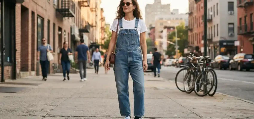 Adult model wearing relaxed vintage-inspired denim overalls with a white T-shirt and sneakers on an urban street.