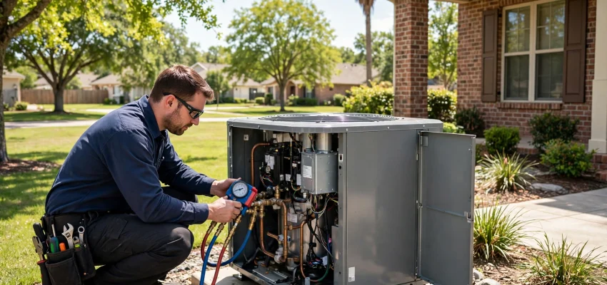 HVAC technician servicing a residential air conditioner condenser unit in Houston Texas