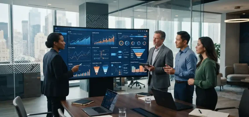 Business leaders analyzing digital marketing analytics and growth data in a modern corporate setting.