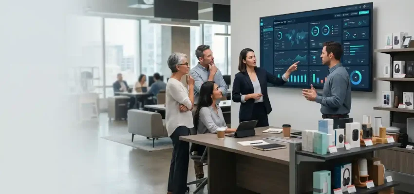 Marketing professionals analyzing consumer product campaigns, customer data, and digital marketing performance on modern screens