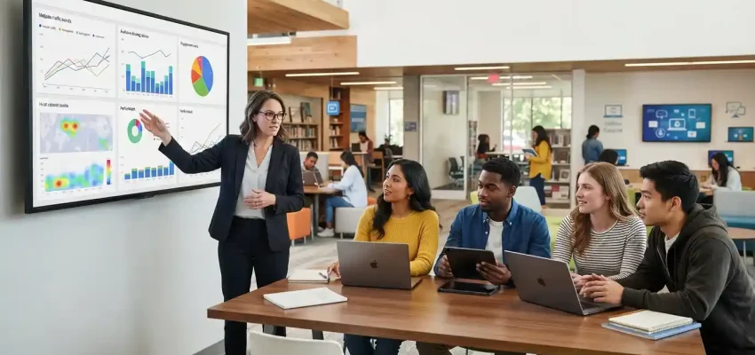 Students using digital devices while an education professional reviews marketing analytics in a modern learning environment